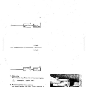 May include: A page from a manual titled "Disassembly and Assembly" with a section on "Steering Clutch." It includes diagrams, text, and a photo of a component. The text describes oil draining and fuel tank removal.