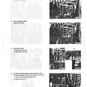 May include: Technical diagram from a manual, showing detailed views of machinery components. The image includes text labels and numbers, with close-up shots of tubes, hoses, and connectors. The diagram is in black and white.