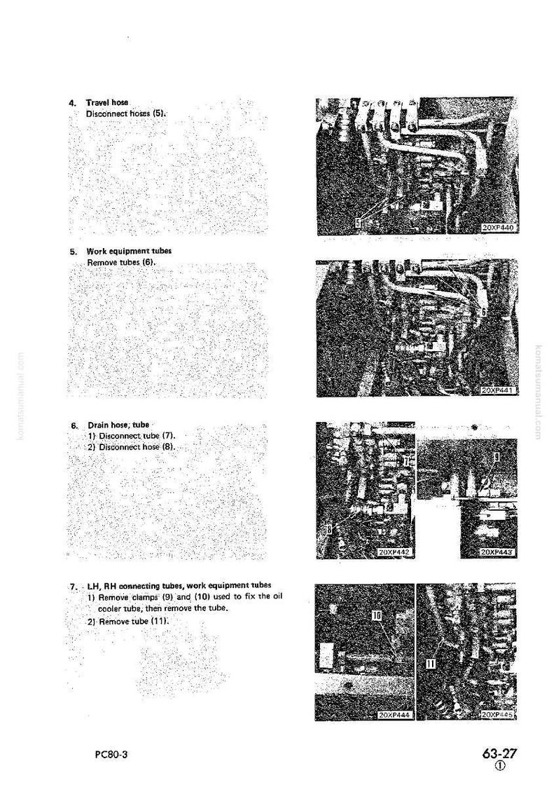 May include: Technical diagram from a manual, showing detailed views of machinery components. The image includes text labels and numbers, with close-up shots of tubes, hoses, and connectors. The diagram is in black and white.