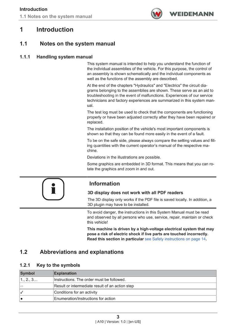 Pu&ograve; includere: Una pagina di un manuale di sistema con il logo "WEIDEMANN" in alto. Il documento include sezioni su introduzione, note, gestione, abbreviazioni e spiegazioni. &Egrave; presente un'icona di informazione, insieme a una tabella di simboli e spiegazioni.