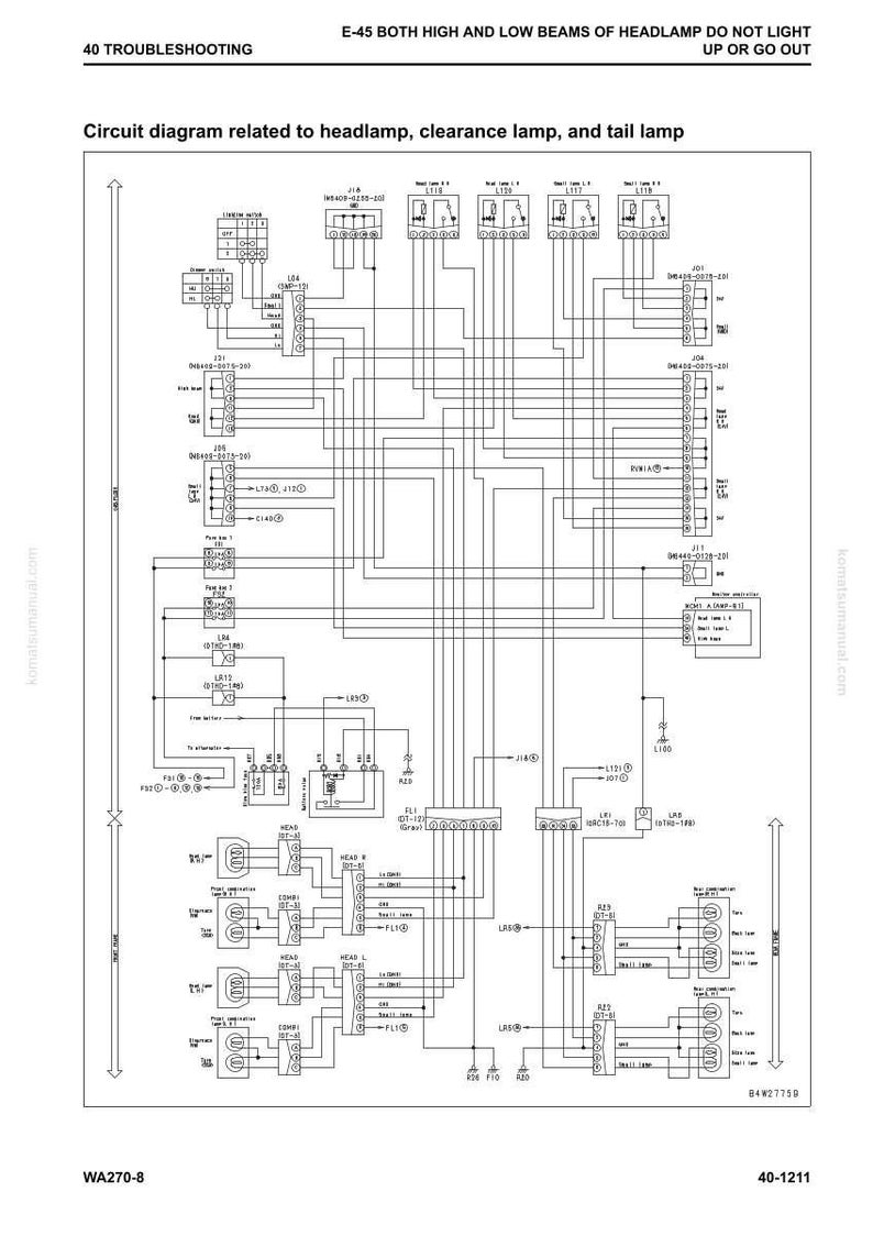 May include: A detailed circuit diagram for automotive headlamps, clearance lamps, and tail lamps. The diagram includes text and symbols, with labels such as "HEAD" and "TAIL LAMP". The diagram is labeled "E-45" and "WA270-8".