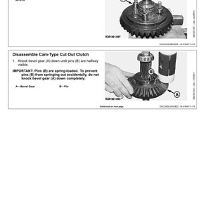 May include: Technical diagram showing the disassembly of a cam-type cut-out clutch. The image includes detailed illustrations of gears, pins, and springs, with labels A and B. Text instructions are provided for removing pins and knocking bevel gears.