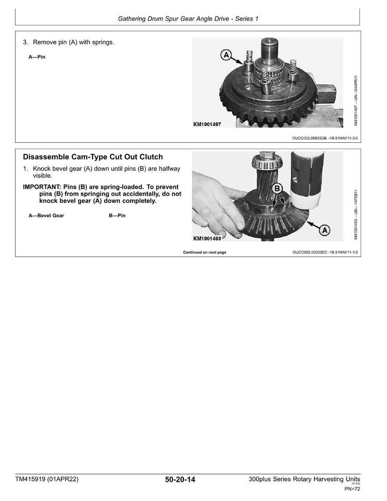May include: Technical diagram showing the disassembly of a cam-type cut-out clutch. The image includes detailed illustrations of gears, pins, and springs, with labels A and B. Text instructions are provided for removing pins and knocking bevel gears.