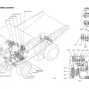 May include: Electrical wiring diagram of a heavy-duty vehicle, featuring detailed schematics and component labels. The diagram is in black and white, showing the internal wiring and connections of the vehicle's electrical system.