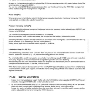 May include: A page from a manual detailing a lubrication system, including function, pause time, and system monitoring. Text and diagrams explain the system's components and operation, with measurements in bar.