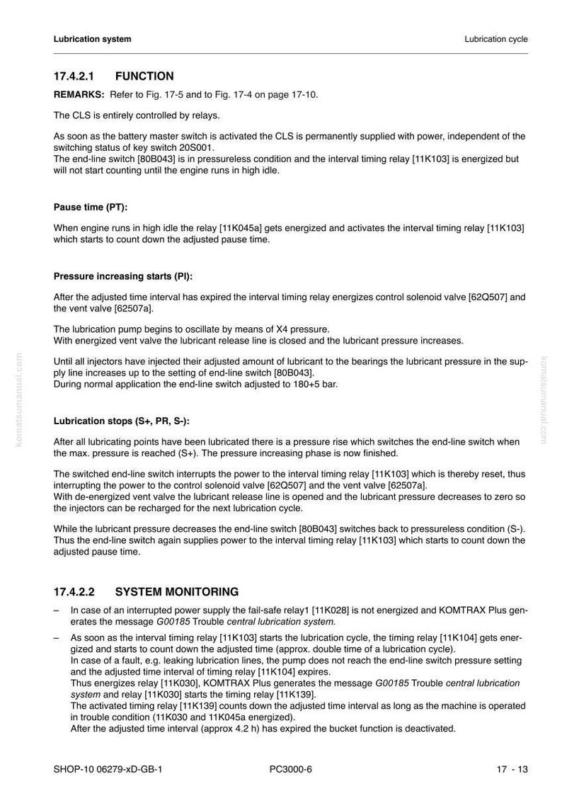 May include: A page from a manual detailing a lubrication system, including function, pause time, and system monitoring. Text and diagrams explain the system's components and operation, with measurements in bar.