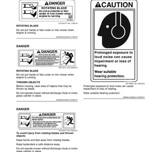 May include: A page of safety labels with warnings about lawnmower use. The labels include "Danger" and "Caution" notices with illustrations and text. Warnings cover rotating blades, thrown objects, and hearing protection.