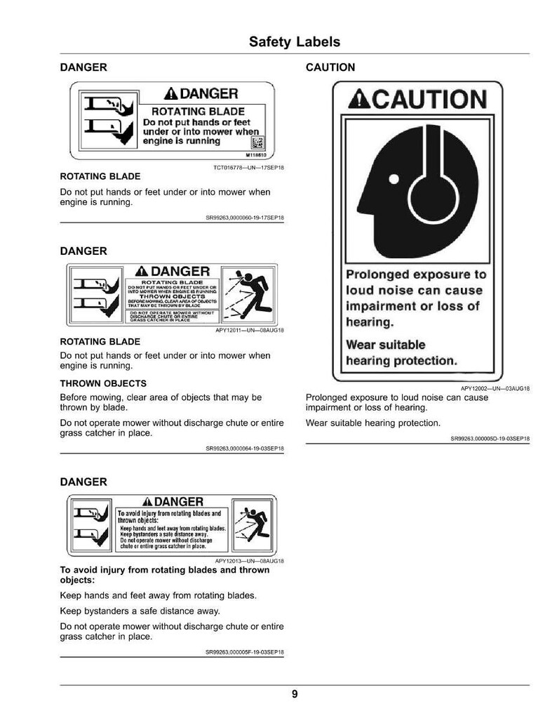 May include: A page of safety labels with warnings about lawnmower use. The labels include "Danger" and "Caution" notices with illustrations and text. Warnings cover rotating blades, thrown objects, and hearing protection.