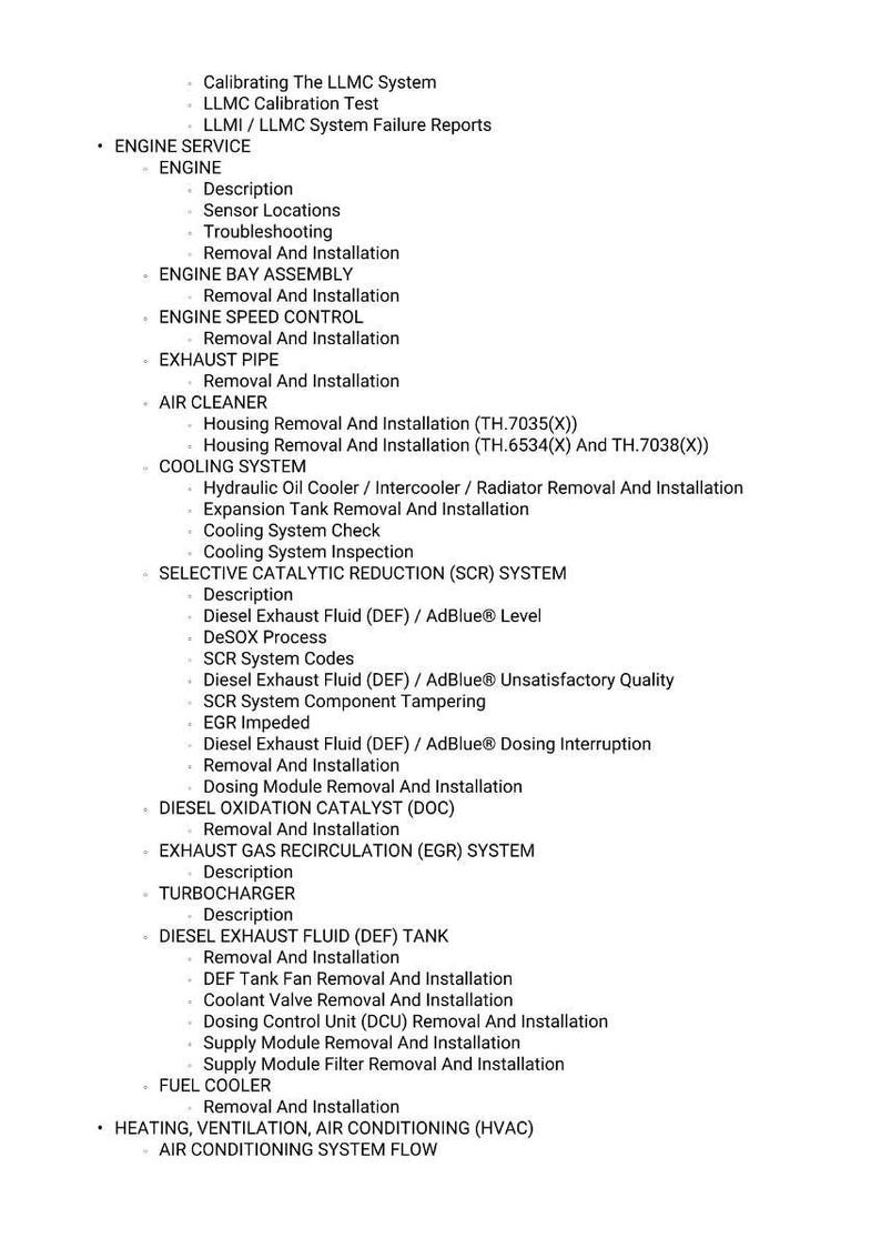 May include: A detailed list of engine service procedures, including descriptions, removal, and installation instructions. Topics include engine components, cooling systems, and exhaust systems. The text is in black font on a white background.