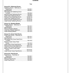 May include: A detailed table of contents from a manual, titled "Section 100 Feeding System." The document lists various procedures for gathering drums, rotating blades, cross feed drums, and feed drums, with corresponding page numbers.