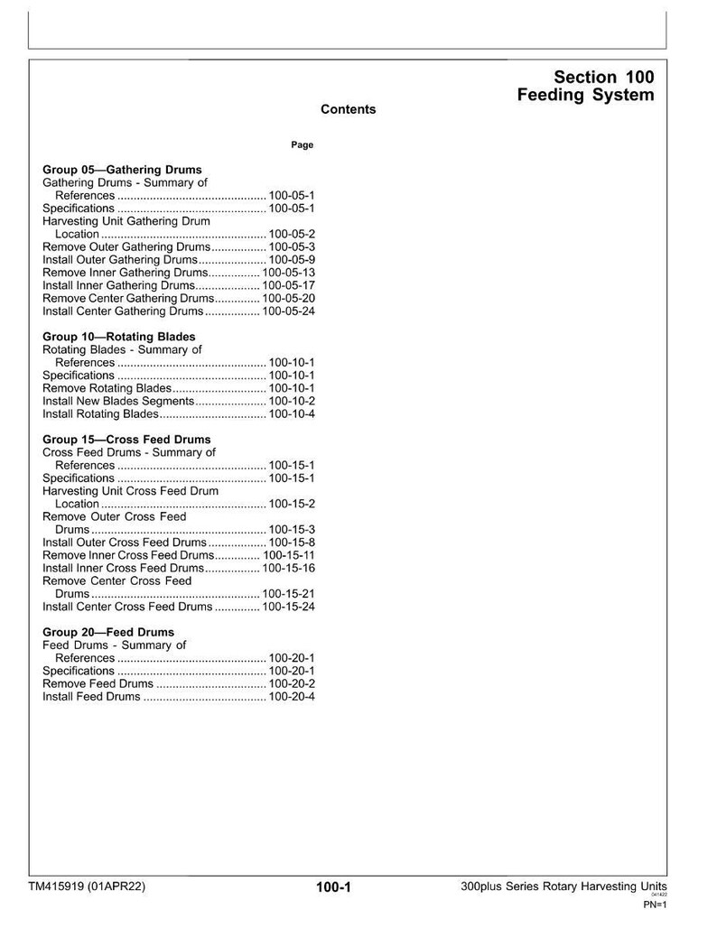 May include: A detailed table of contents from a manual, titled "Section 100 Feeding System." The document lists various procedures for gathering drums, rotating blades, cross feed drums, and feed drums, with corresponding page numbers.