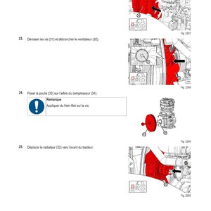 May include: Diagram illustrating a tractor engine repair process. The image shows various engine components and instructions in French. The steps involve removing and replacing parts, with arrows indicating the direction of movement.