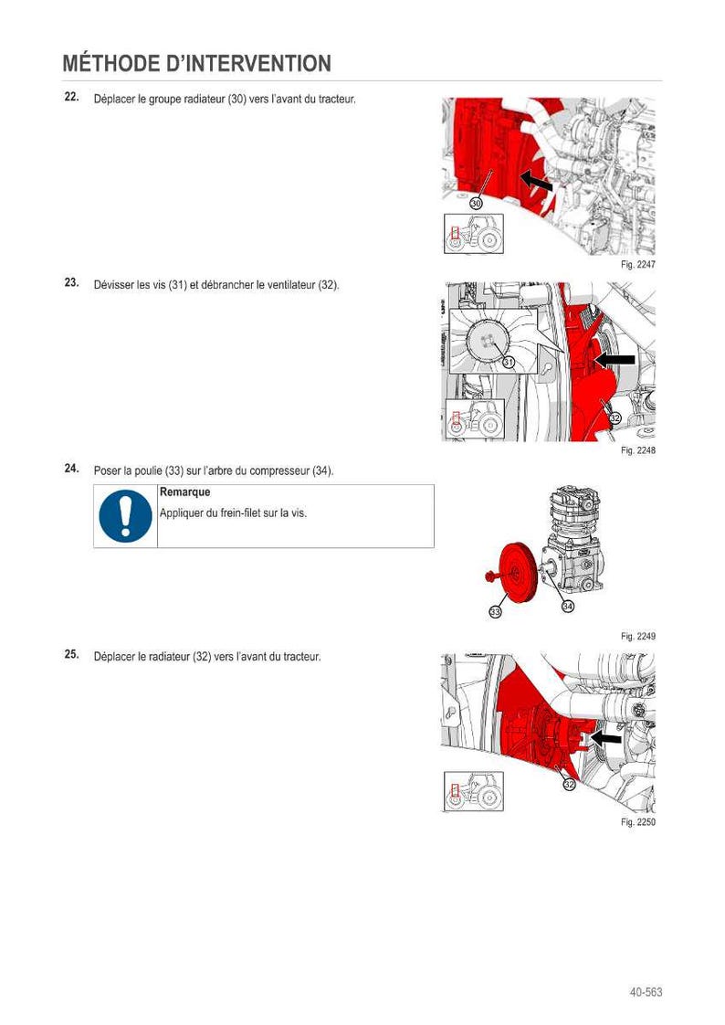 May include: Diagram illustrating a tractor engine repair process. The image shows various engine components and instructions in French. The steps involve removing and replacing parts, with arrows indicating the direction of movement.