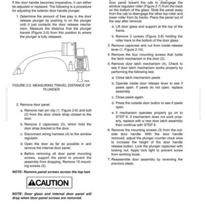 May include: Diagram of door handle plunger adjustment instructions. Includes illustrations of parts and steps for repair. Text includes safety warnings and detailed procedures for maintenance.