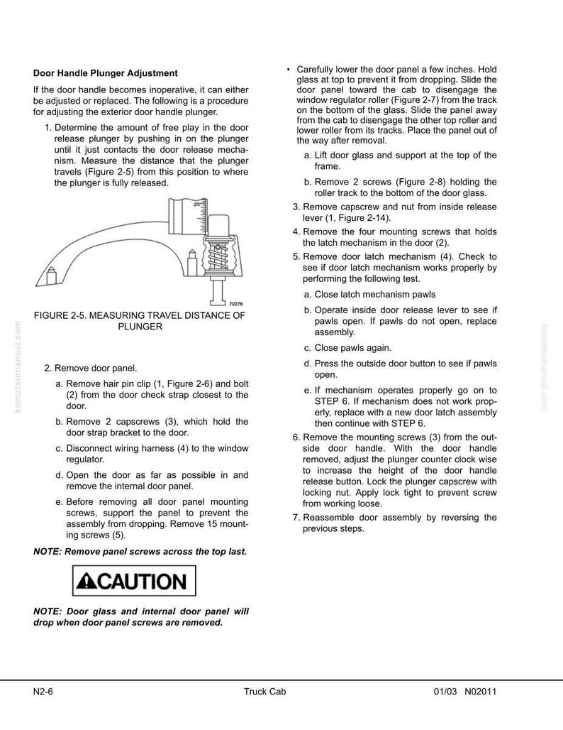 May include: Diagram of door handle plunger adjustment instructions. Includes illustrations of parts and steps for repair. Text includes safety warnings and detailed procedures for maintenance.