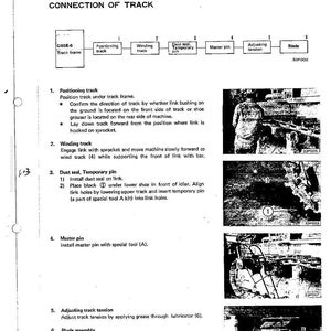 Puede incluir: P&aacute;gina de un manual t&eacute;cnico que detalla el desmontaje y montaje de una oruga. El texto describe la conexi&oacute;n de la oruga, incluyendo el posicionamiento, el enrollado y el ajuste de la tensi&oacute;n. Tambi&eacute;n se incluyen diagramas y n&uacute;meros de pieza.