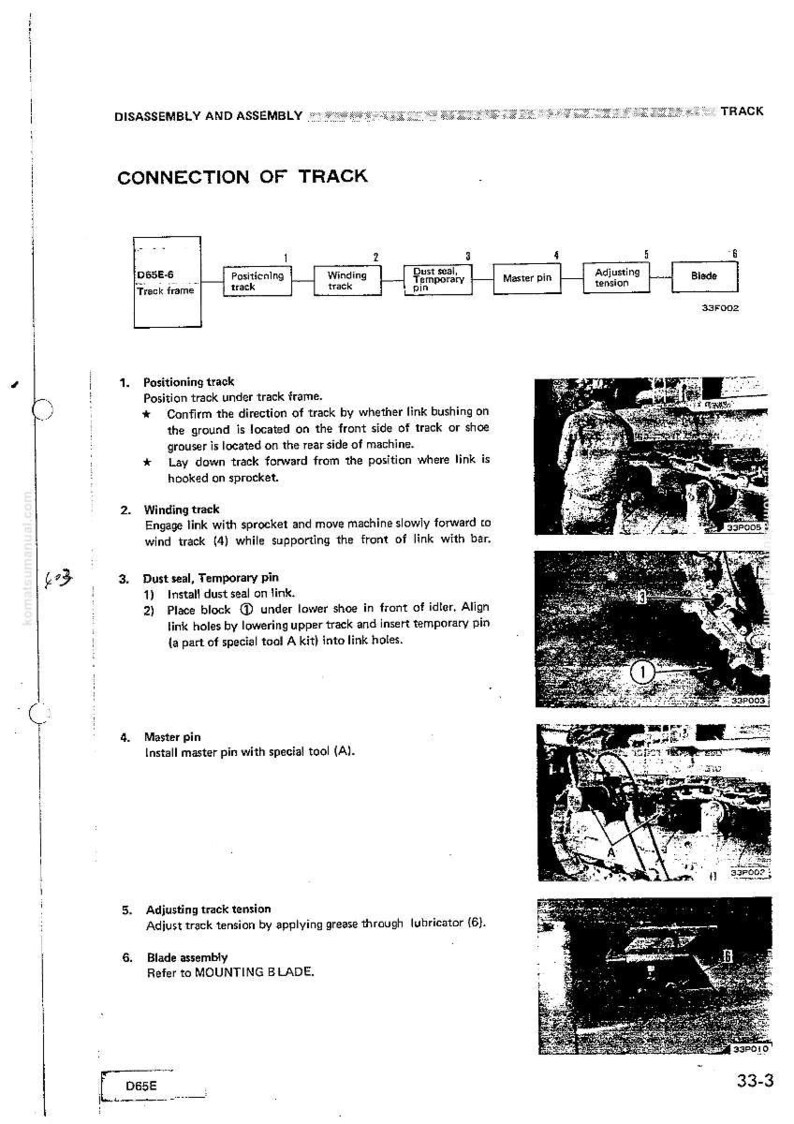 Puede incluir: P&aacute;gina de un manual t&eacute;cnico que detalla el desmontaje y montaje de una oruga. El texto describe la conexi&oacute;n de la oruga, incluyendo el posicionamiento, el enrollado y el ajuste de la tensi&oacute;n. Tambi&eacute;n se incluyen diagramas y n&uacute;meros de pieza.
