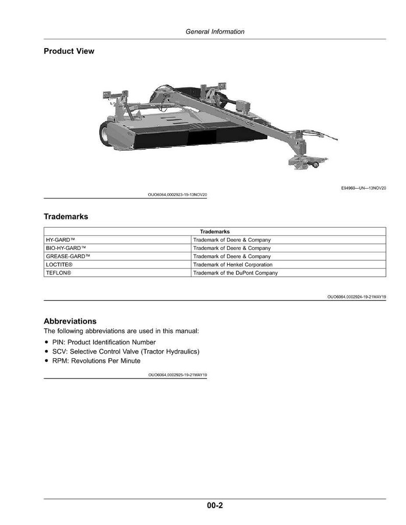 May include: An illustration of a piece of agricultural machinery, likely a mower or similar implement, with a detailed diagram. The image includes text labeling parts and components, along with a list of trademarks and abbreviations.