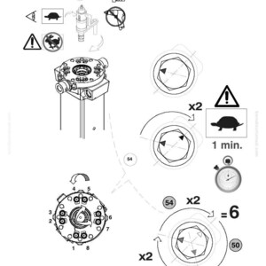 K&ouml;nnte beinhalten: Technische Zeichnung mit Komatsu-Logo. Das Diagramm enth&auml;lt verschiedene mechanische Komponenten, Kreisdiagramme mit Pfeilen und Warnsymbole. Der Text enth&auml;lt "1 min." und "x2".