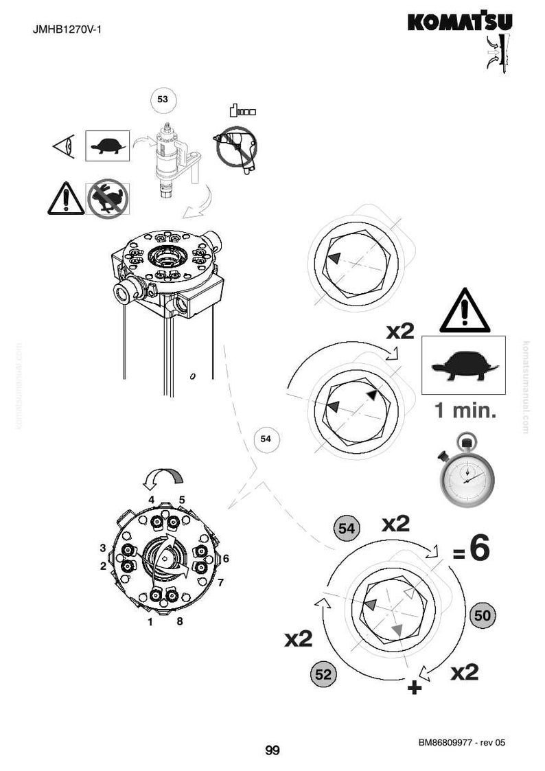 K&ouml;nnte beinhalten: Technische Zeichnung mit Komatsu-Logo. Das Diagramm enth&auml;lt verschiedene mechanische Komponenten, Kreisdiagramme mit Pfeilen und Warnsymbole. Der Text enth&auml;lt "1 min." und "x2".