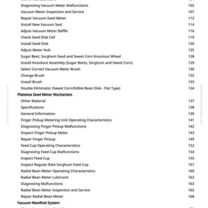 May include: A white page with a detailed table of contents, listing topics related to agricultural machinery maintenance and repair. Topics include vacuum meters, seed disks, and feed cups. The page number is visible on the right side.