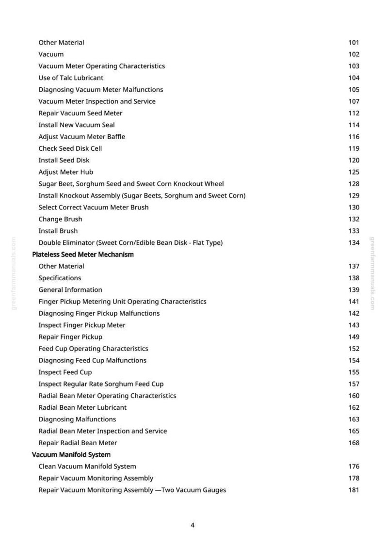 May include: A white page with a detailed table of contents, listing topics related to agricultural machinery maintenance and repair. Topics include vacuum meters, seed disks, and feed cups. The page number is visible on the right side.