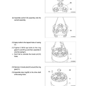 Op de afbeelding: Technische tekening van mechanische componenten, waaronder tandwielen, platen en een behuizing, met labels en montage-instructies. Technische illustratie voor montage.