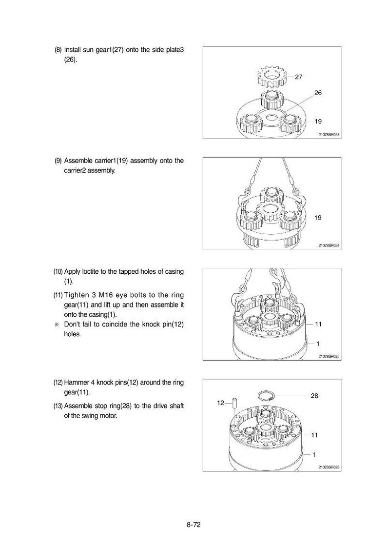 Op de afbeelding: Technische tekening van mechanische componenten, waaronder tandwielen, platen en een behuizing, met labels en montage-instructies. Technische illustratie voor montage.