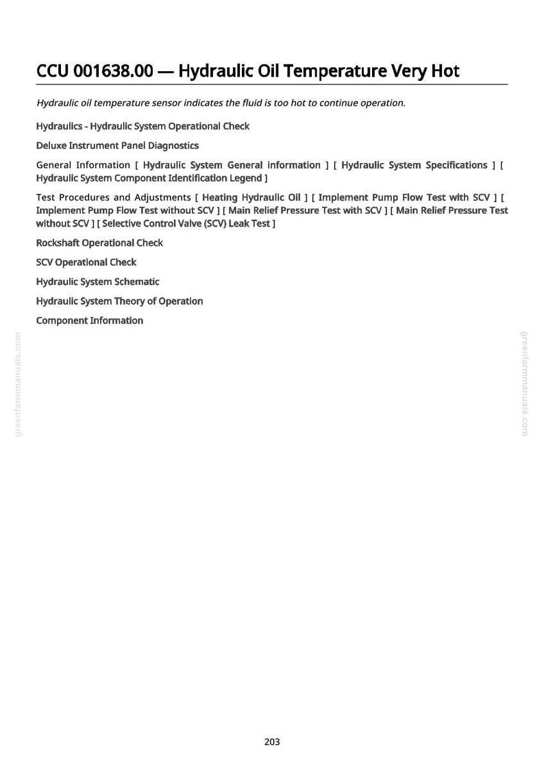 May include: A white page with the title "CCU 001638.00 - Hydraulic Oil Temperature Very Hot" and a list of hydraulic system operational checks and diagnostics. The text indicates the fluid is too hot to continue operation.