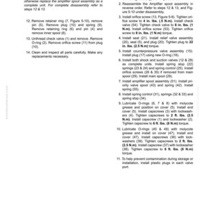 K&ouml;nnte beinhalten: Eine Seite aus einem Handbuch, die die Montage einer Lenkungskomponente beschreibt. Der Text enth&auml;lt Anweisungen zum Schmieren von Teilen, zum Einsetzen von Schrauben und zum Anziehen auf bestimmte Drehmomentwerte, gemessen in Zoll-Pfund und Fu&szlig;-Pfund.