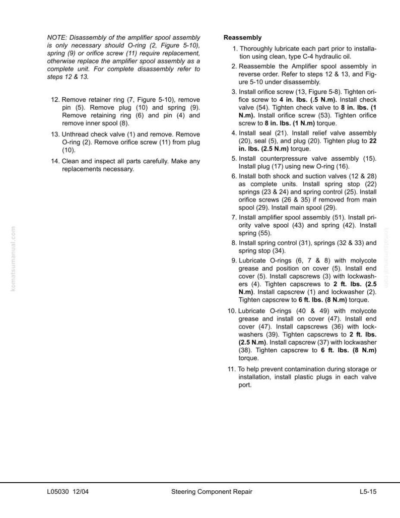 K&ouml;nnte beinhalten: Eine Seite aus einem Handbuch, die die Montage einer Lenkungskomponente beschreibt. Der Text enth&auml;lt Anweisungen zum Schmieren von Teilen, zum Einsetzen von Schrauben und zum Anziehen auf bestimmte Drehmomentwerte, gemessen in Zoll-Pfund und Fu&szlig;-Pfund.