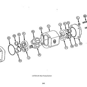 May include: An exploded diagram of a rear pump section, labeled LV373A-UN. The black and white illustration shows various mechanical components, including gears, seals, and housings, with lettered labels for each part. The diagram is on a white background.