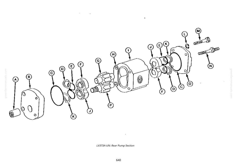 May include: An exploded diagram of a rear pump section, labeled LV373A-UN. The black and white illustration shows various mechanical components, including gears, seals, and housings, with lettered labels for each part. The diagram is on a white background.