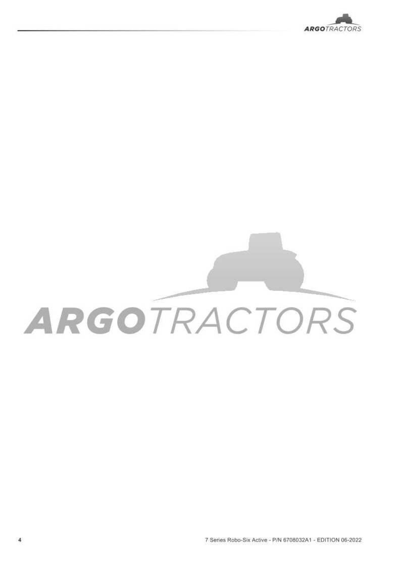 以下が含まれることがあります： 画像には、ブランド名の上にスタイリッシュなトラクターのシルエットがあるARGO TRACTORSのロゴが表示されています。「7 Series Robo-Six Active - P/N 6708032A1 - EDITION 06-2022」というテキストも表示されています。