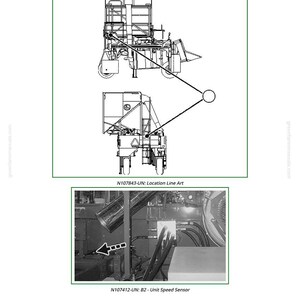 May include: Diagram of a unit speed sensor, labeled "XB2 - Unit Speed Sensor." The image includes line art and a grayscale photo of machinery components. Text includes "N107843-UN: Location Line Art" and "N107412-UN: B2 - Unit Speed Sensor."