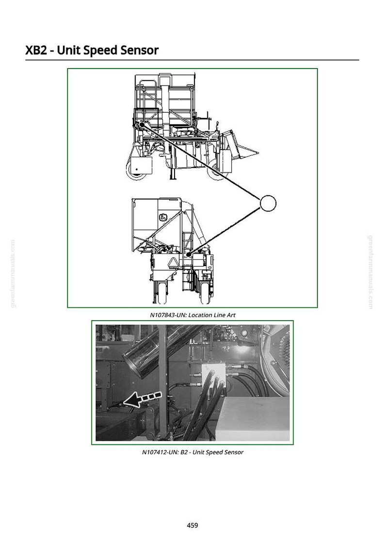 May include: Diagram of a unit speed sensor, labeled "XB2 - Unit Speed Sensor." The image includes line art and a grayscale photo of machinery components. Text includes "N107843-UN: Location Line Art" and "N107412-UN: B2 - Unit Speed Sensor."