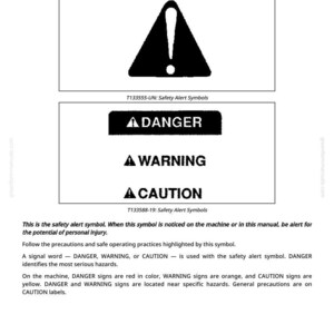 May include: A page with safety alert symbols. The top symbol is a black triangle with an exclamation point. Below are the words "DANGER", "WARNING", and "CAUTION". The text explains the meaning of the symbols.