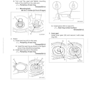 K&ouml;nnte beinhalten: Diagramm der Drehmomentwandlerbaugruppe mit beschrifteten Teilen und Anweisungen. Enth&auml;lt Abbildungen des Einbaus von Dichtungsringen, Kolben und Innenr&auml;dern. Text enth&auml;lt Messungen in Nm und kgm.