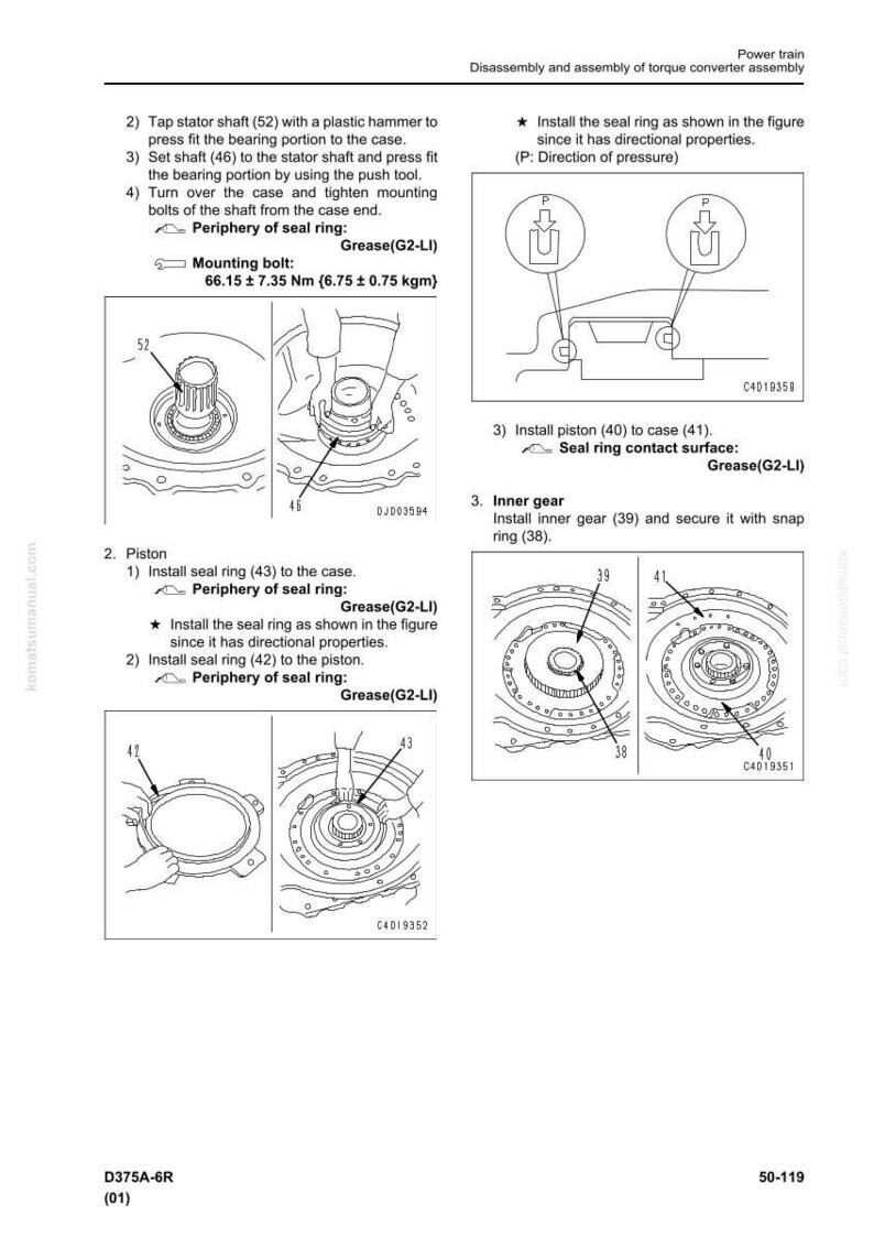 K&ouml;nnte beinhalten: Diagramm der Drehmomentwandlerbaugruppe mit beschrifteten Teilen und Anweisungen. Enth&auml;lt Abbildungen des Einbaus von Dichtungsringen, Kolben und Innenr&auml;dern. Text enth&auml;lt Messungen in Nm und kgm.