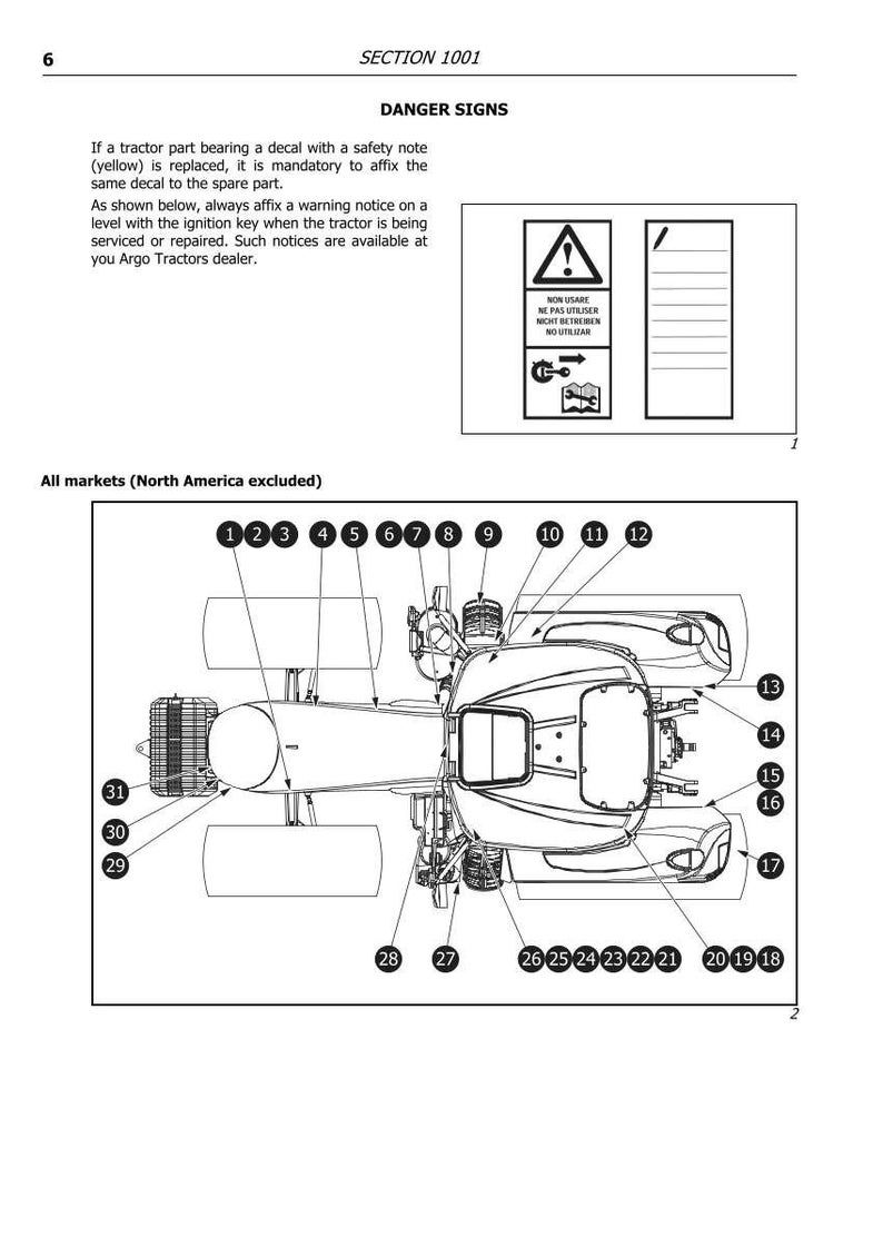 May include: Diagram of a tractor with numbered parts, including wheels, a cab, and various mechanical components. The image includes safety warning symbols and text in multiple languages, with the text "DANGER SIGNS" at the top.