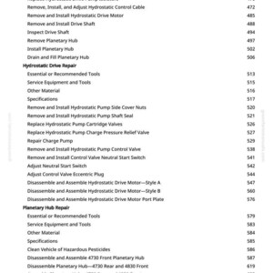 Peut inclure: Une liste d&eacute;taill&eacute;e des proc&eacute;dures de r&eacute;paration de l'entra&icirc;nement hydrostatique, de la r&eacute;paration du moyeu plan&eacute;taire et de la direction et des freins. Le texte comprend des instructions pour retirer, installer et ajuster divers composants.