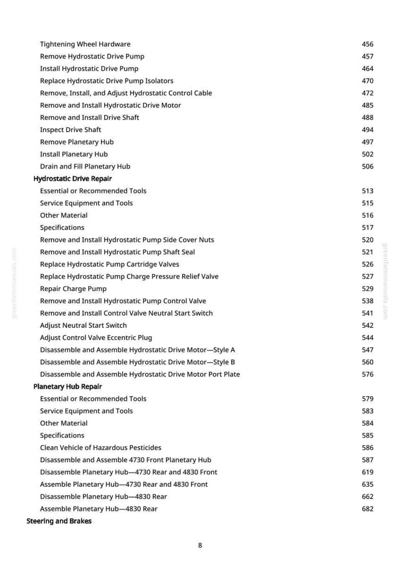 Peut inclure: Une liste d&eacute;taill&eacute;e des proc&eacute;dures de r&eacute;paration de l'entra&icirc;nement hydrostatique, de la r&eacute;paration du moyeu plan&eacute;taire et de la direction et des freins. Le texte comprend des instructions pour retirer, installer et ajuster divers composants.
