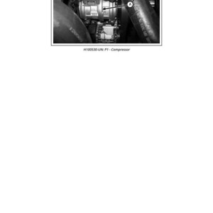 May include: Black and white image of an automotive air conditioning compressor. The compressor is labeled with the text "H100530-UN: P1 - Compressor". The image includes a diagram and is surrounded by hoses and other engine components.
