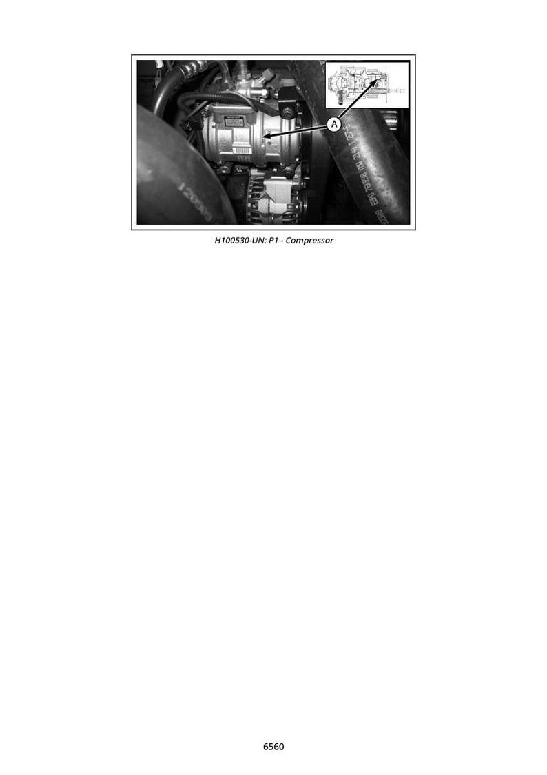 May include: Black and white image of an automotive air conditioning compressor. The compressor is labeled with the text "H100530-UN: P1 - Compressor". The image includes a diagram and is surrounded by hoses and other engine components.