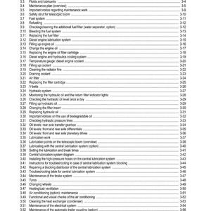 May include: A table of contents from a Weidemann manual, detailing maintenance and service work. Topics include fuel systems, engine oil, hydraulics, and other mechanical systems. The text is black on a white background, with page numbers.