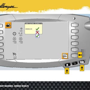 May include: A gray Challenger machine control panel with a screen displaying operational data. The panel has multiple buttons, a rotary dial, and icons for various functions. Text includes "ENABLED", "0.0 mph", and "1000 rpm".