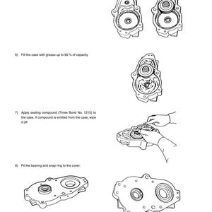 May include: Diagram of a steering system disassembly and assembly process. The image shows various components, including gears, cases, and bearings, with instructions for each step. Text includes "Put the gear into the case" and "Fill the case with grease up to 90% of capacity."