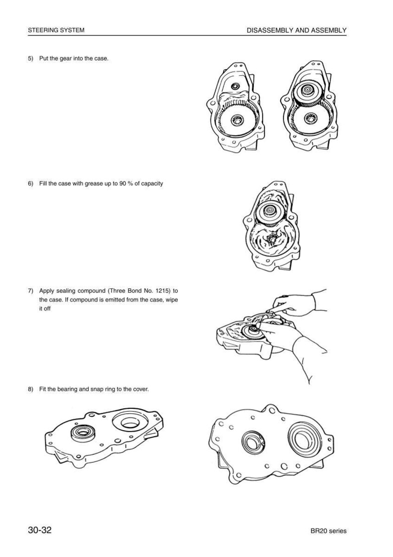 May include: Diagram of a steering system disassembly and assembly process. The image shows various components, including gears, cases, and bearings, with instructions for each step. Text includes "Put the gear into the case" and "Fill the case with grease up to 90% of capacity."
