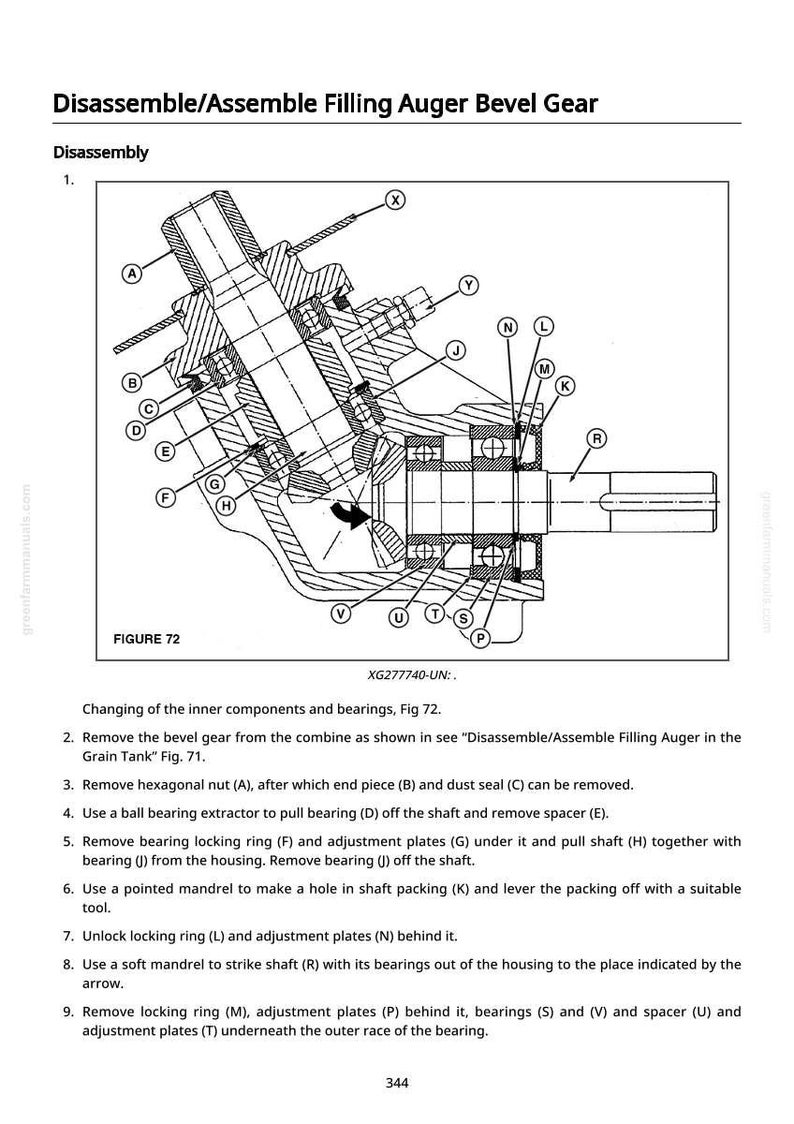 May include: Diagram of a filling auger bevel gear assembly, labeled with letters and numbers. The image is a technical illustration with cross-sections, showing internal components and their arrangement. Text includes instructions for disassembly and assembly.