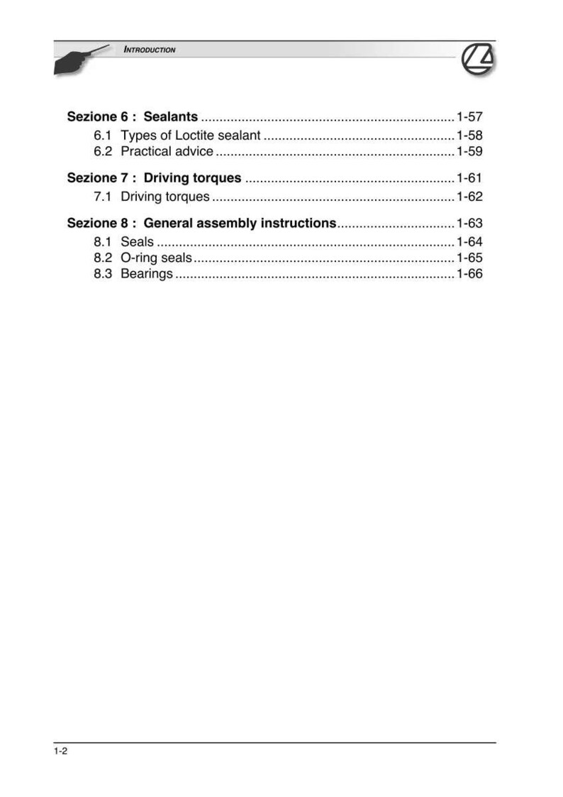 May include: A page from a manual with the title "INTRODUCTION" at the top. The page includes section titles such as "Sealants", "Driving torques", and "General assembly instructions", with corresponding subtopics and page numbers.